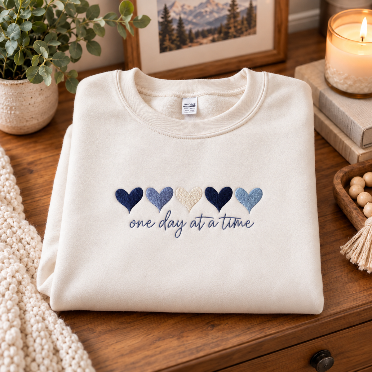 One Day at a Time Hearts Embroidered Sweatshirt
