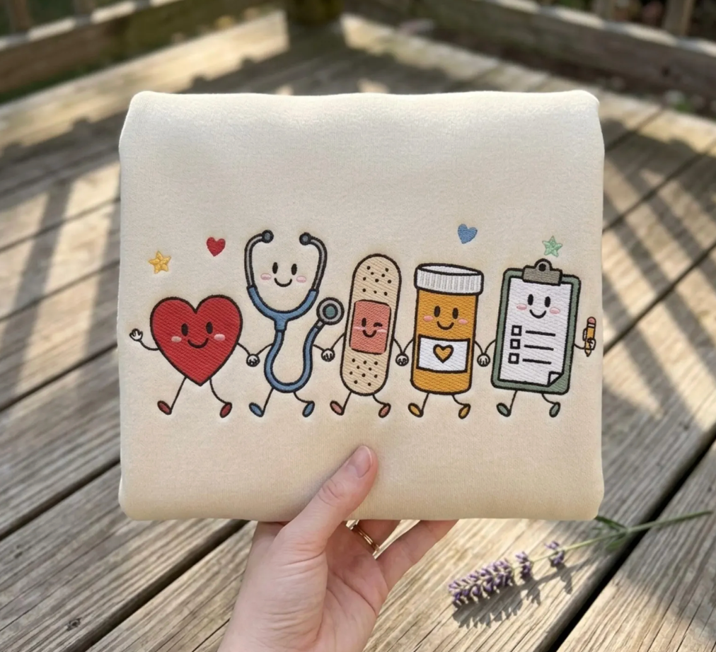 Kawaii Healthcare Friends Embroidered Sweatshirt