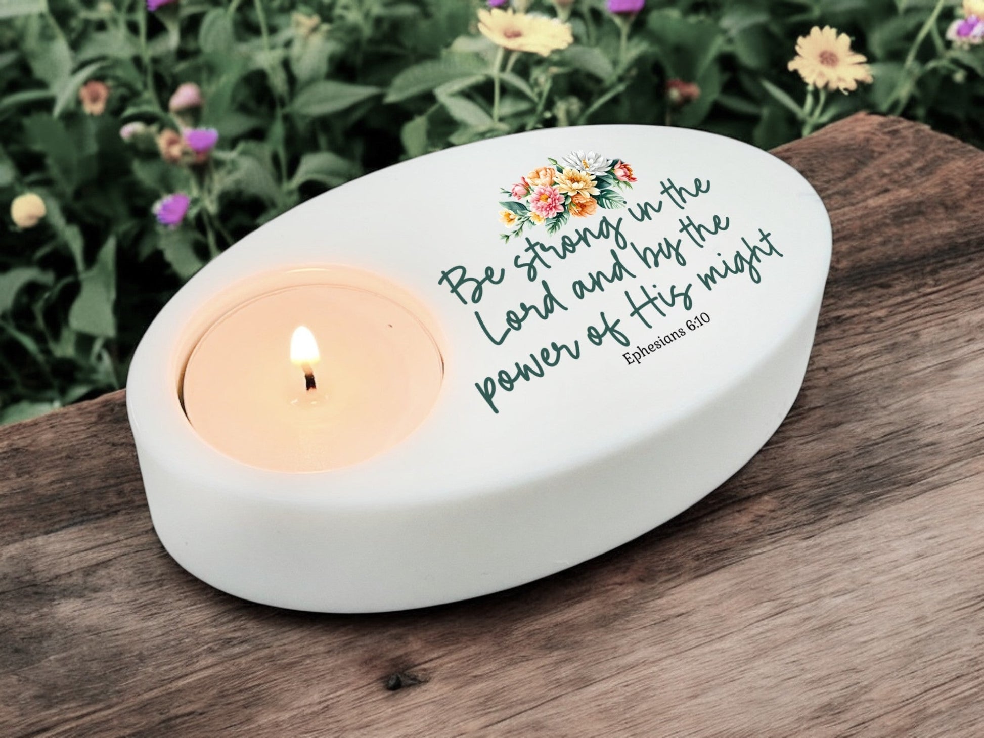 Be Strong In The Lord Bible Verse Oval Tea Light Candle Holder - Celebrate Prints