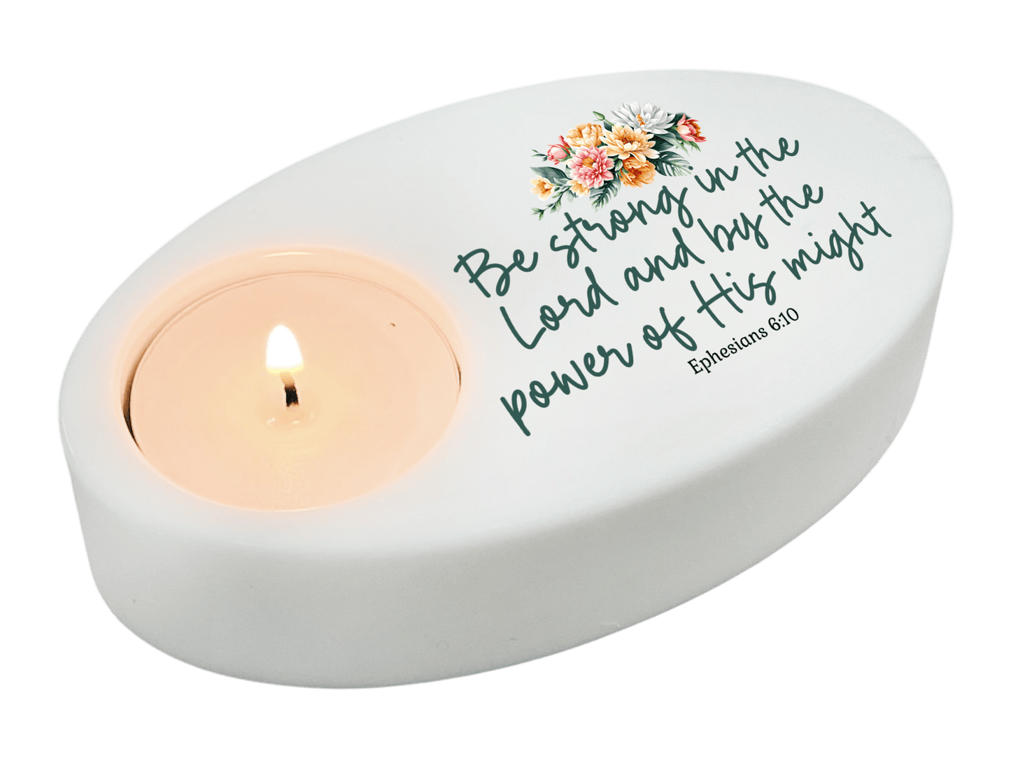 Be Strong In The Lord Bible Verse Oval Tea Light Candle Holder - Celebrate Prints