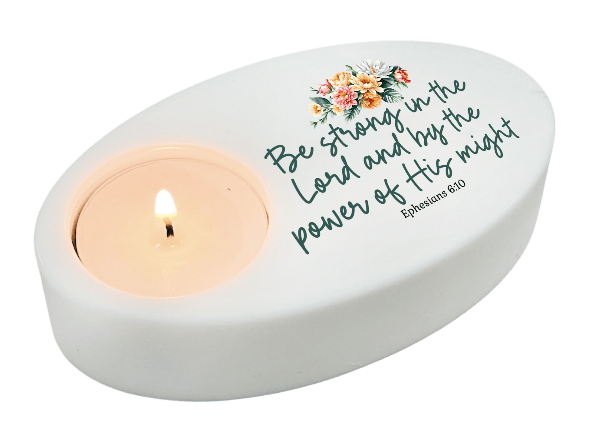Be Strong In The Lord Bible Verse Oval Tea Light Candle Holder - Celebrate Prints