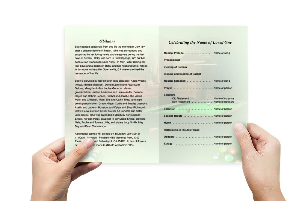 Billiards Funeral Program Template - The Funeral Program Site