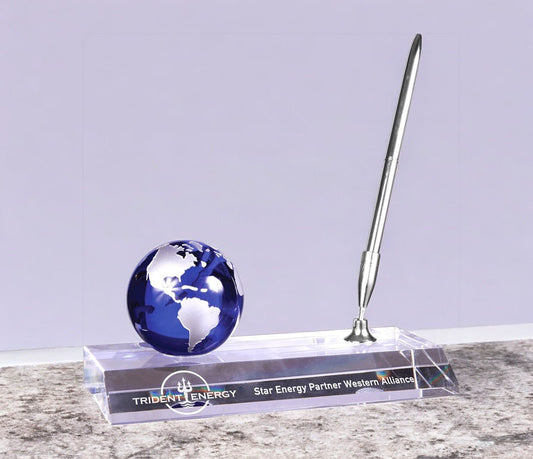 Blue Crystal Globe with Base and Pen - Celebrate Prints