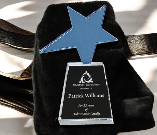 Blue Crystal Star on Clear Pedestal Base - Celebrate Prints