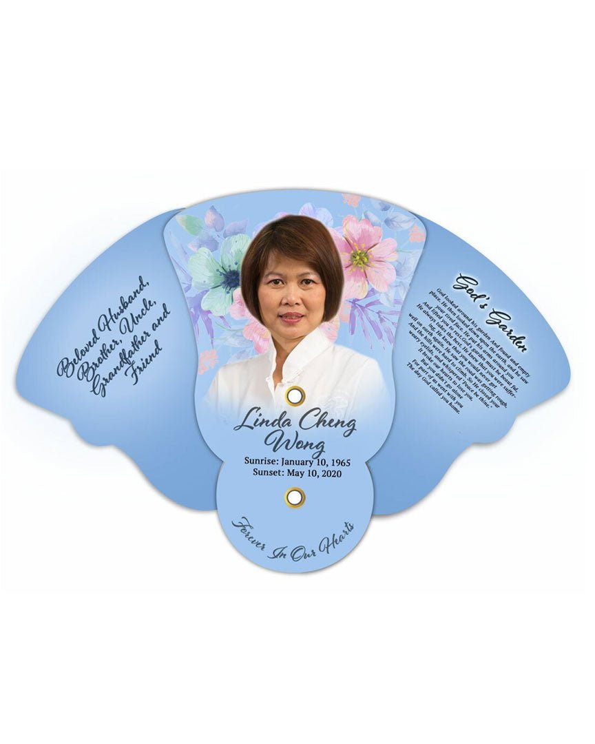 Blue Florals Memorial Custom Folding Hand Held Fan (Pack of 10) - Celebrate Prints
