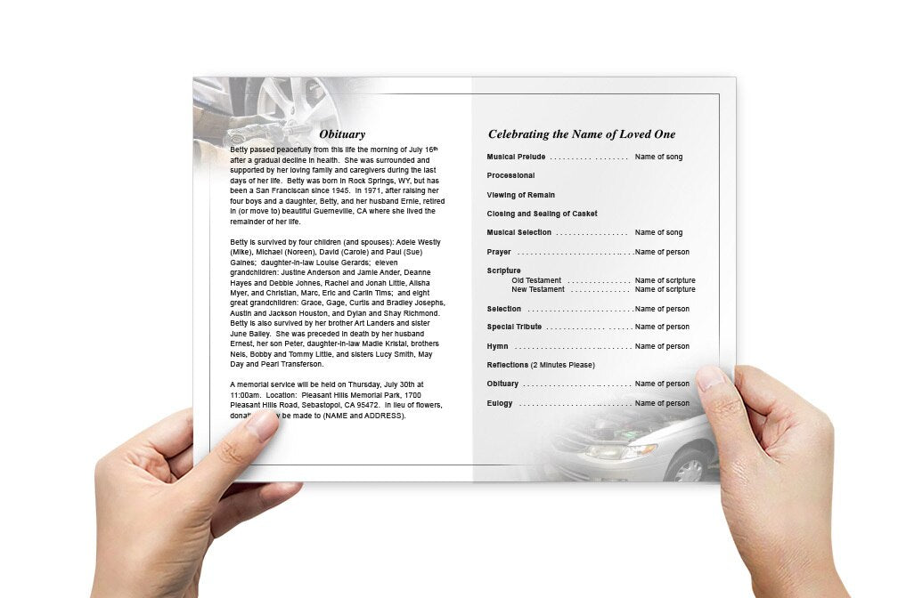 Car Mechanic Funeral Program Template - The Funeral Program Site