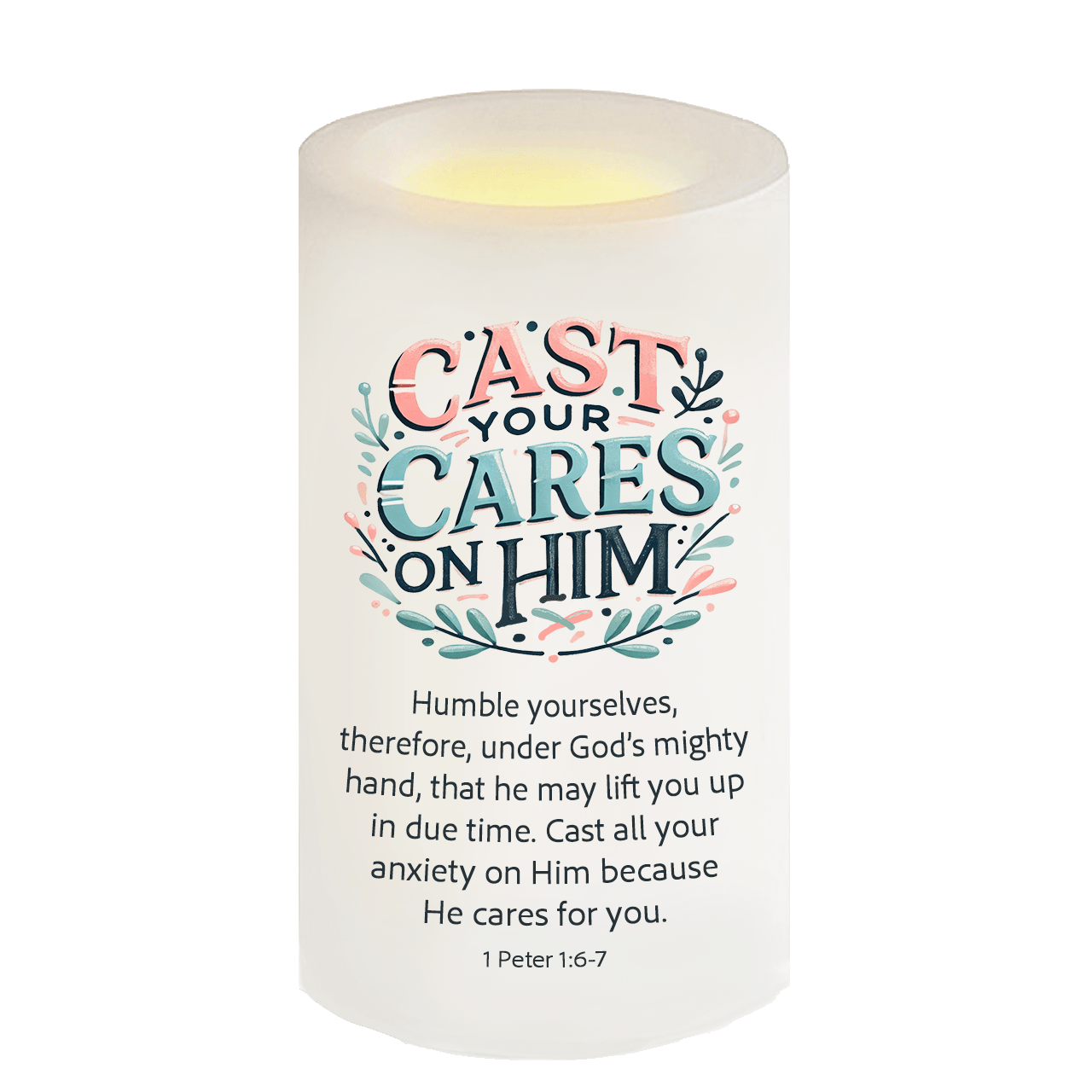 Cast Your Cares Bible Verse Candle - Celebrate Prints
