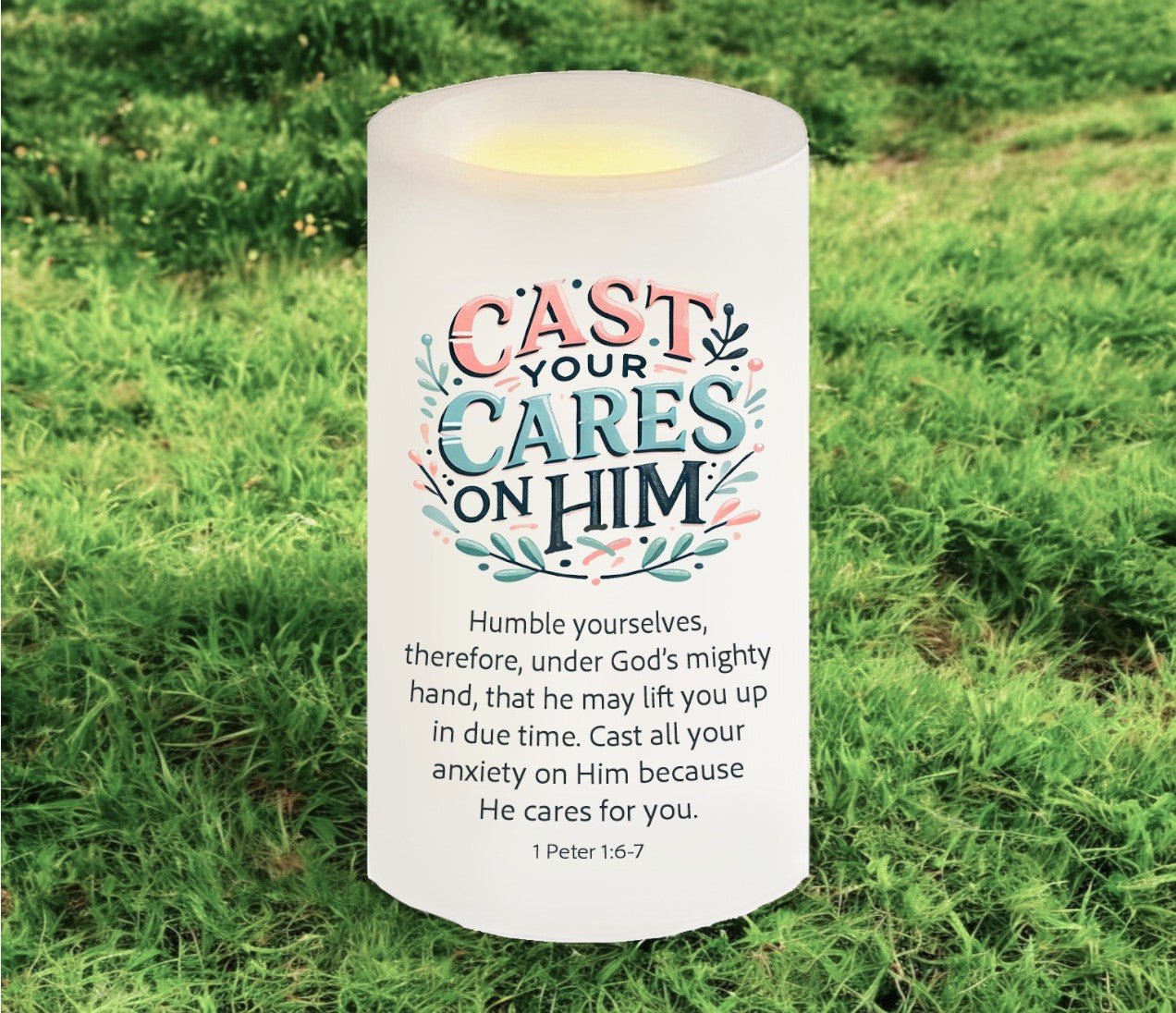 Cast Your Cares Bible Verse Candle - Celebrate Prints