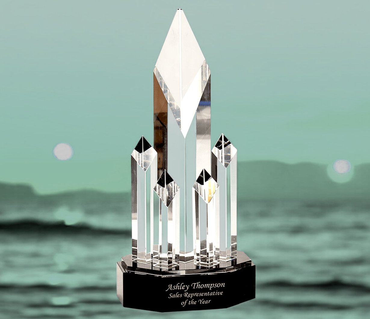 Clear Crystal 5 Rising Diamonds on Black Pedestal Base - Celebrate Prints