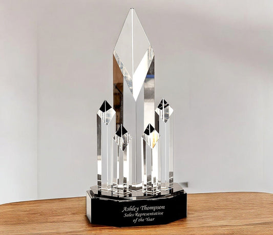 Clear Crystal 5 Rising Diamonds on Black Pedestal Base - Celebrate Prints