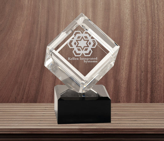 Clear Crystal Cube on Black Pedestal Base - Celebrate Prints