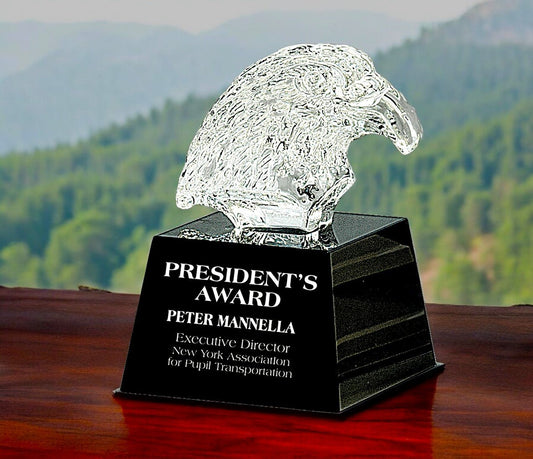 Clear Crystal Eagle Head on Black Pedestal Base - Celebrate Prints