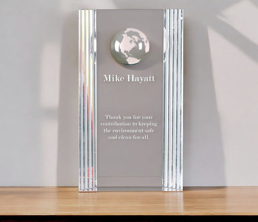 Clear Crystal Rectangle with Globe Etching - Celebrate Prints