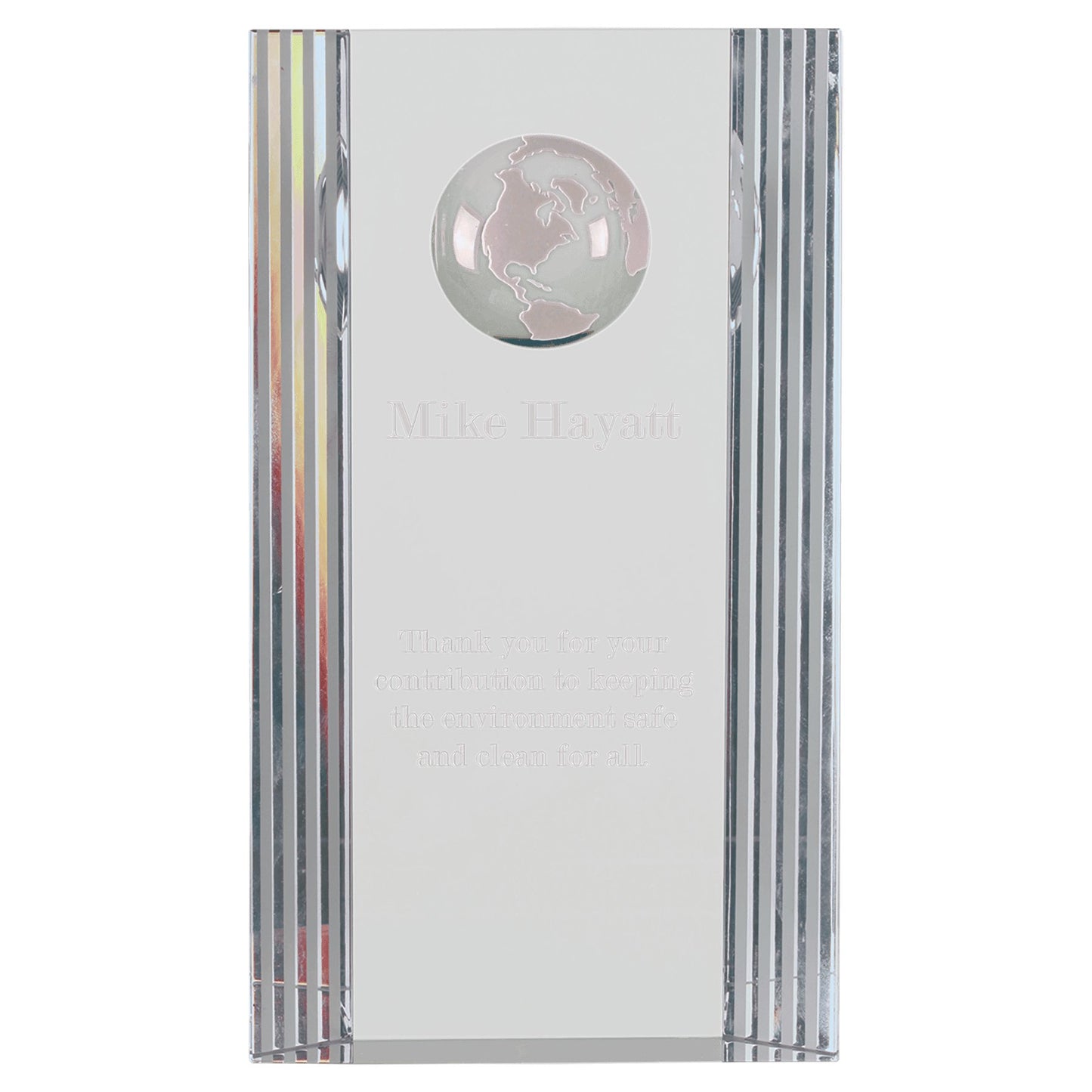 Clear Crystal Rectangle with Globe Etching - Celebrate Prints