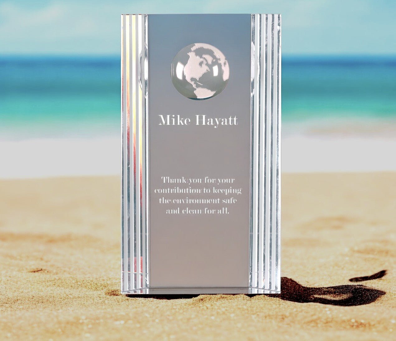 Clear Crystal Rectangle with Globe Etching - Celebrate Prints