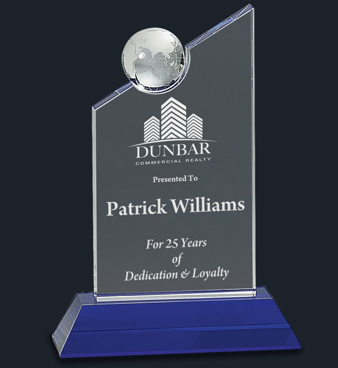 Clear Crystal with Inset Crystal Globe and Blue Base - Celebrate Prints