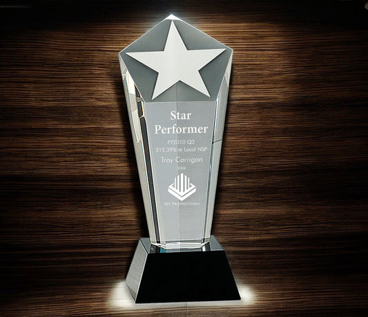 Crystal Frosted Star Column on Black Pedestal Base - Celebrate Prints