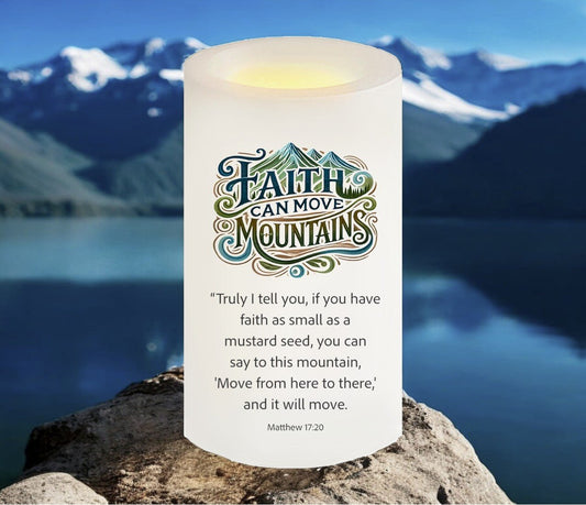 Faith Can Move Mountains Bible Verse Candle - Celebrate Prints