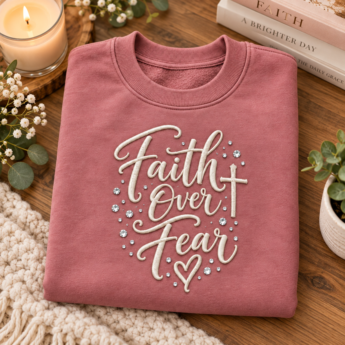 Faith Over Fear Rhinestone & Embroidered Script Sweatshirt