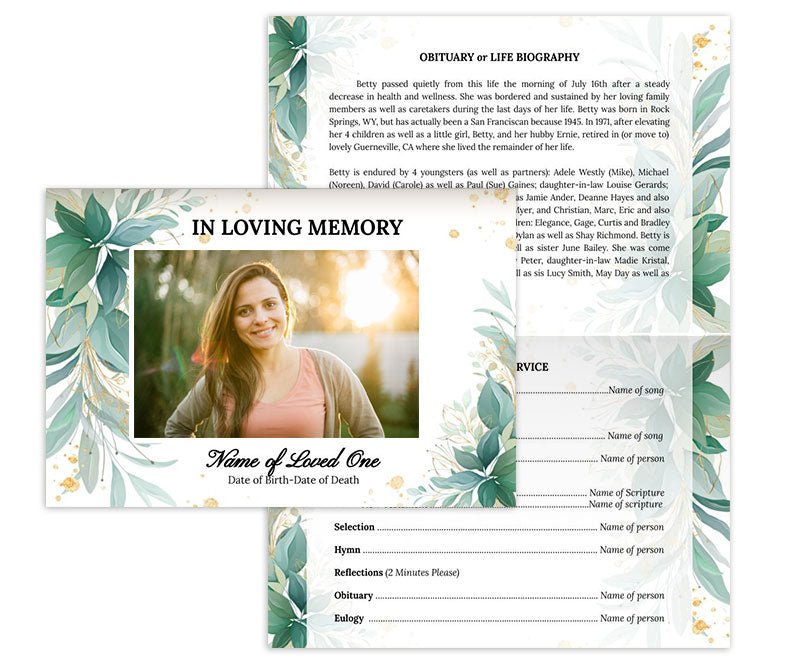Green Leaf Greeting Card Style Google Docs Funeral Program Template - The Funeral Program Site