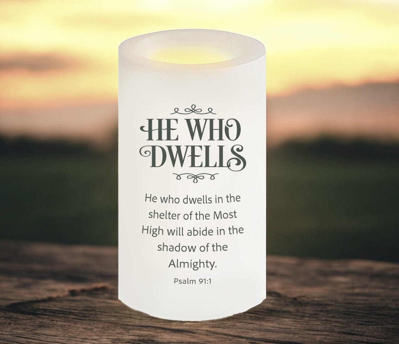 He Who Dwells Bible Verse Candle - Celebrate Prints