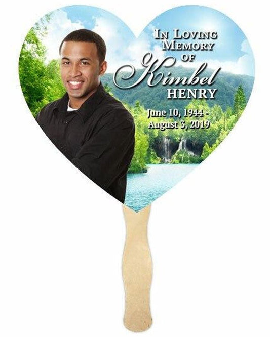 Lake Heart Memorial Fan With Wooden Handle (Pack Of 10) - Celebrate Prints