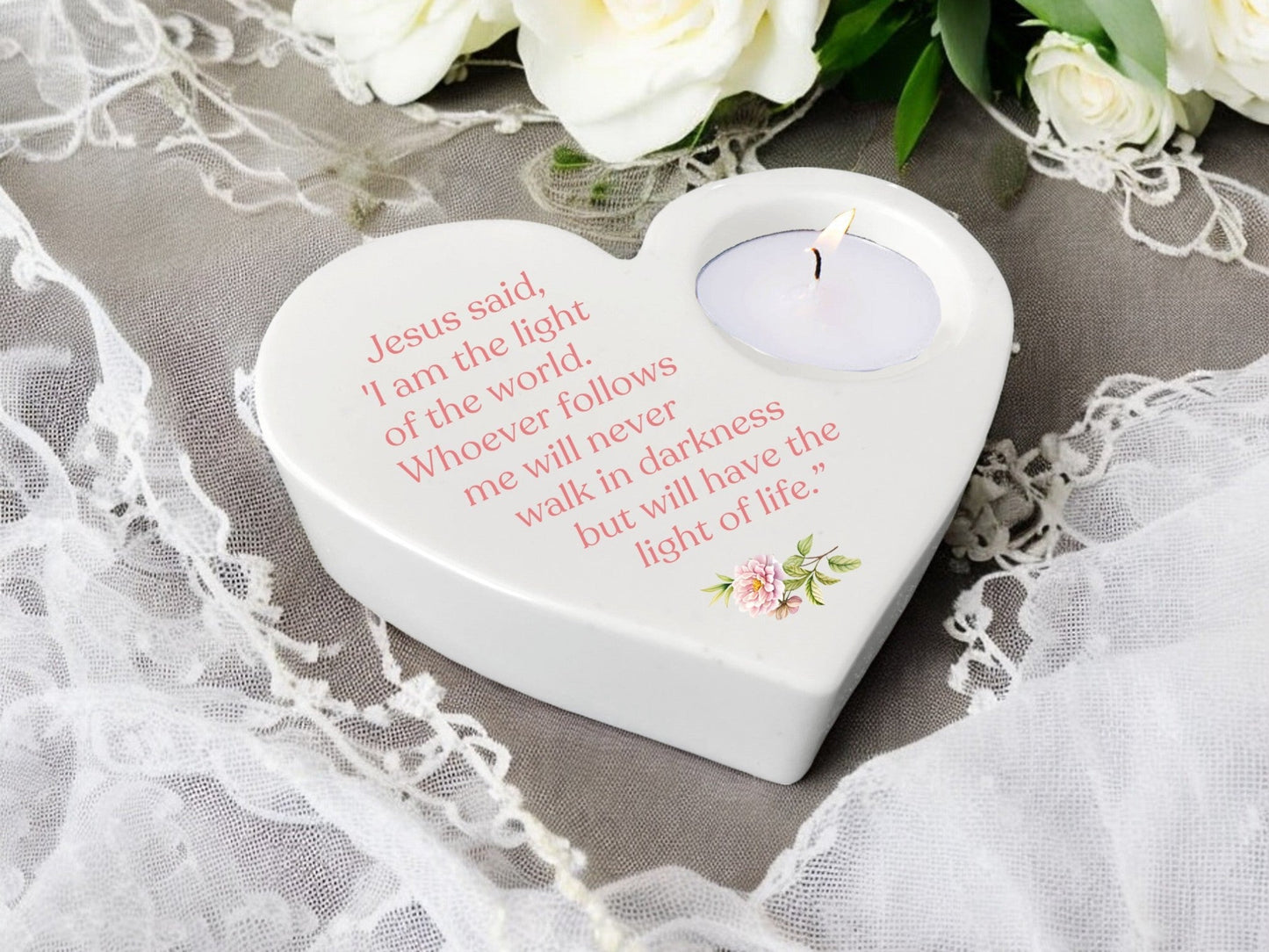 Light of Life Bible Verse Heart Tea Light Candle Holder - Celebrate Prints