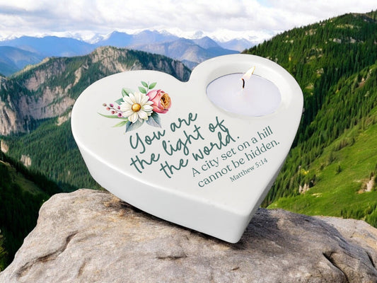 Light of World Bible Verse Heart Tea Light Candle Holder - Celebrate Prints