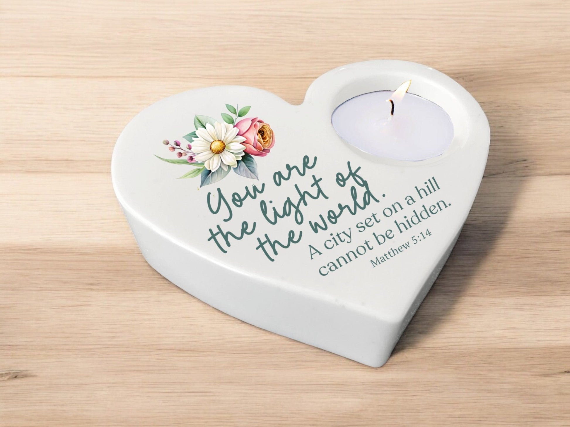 Light of World Bible Verse Heart Tea Light Candle Holder - Celebrate Prints