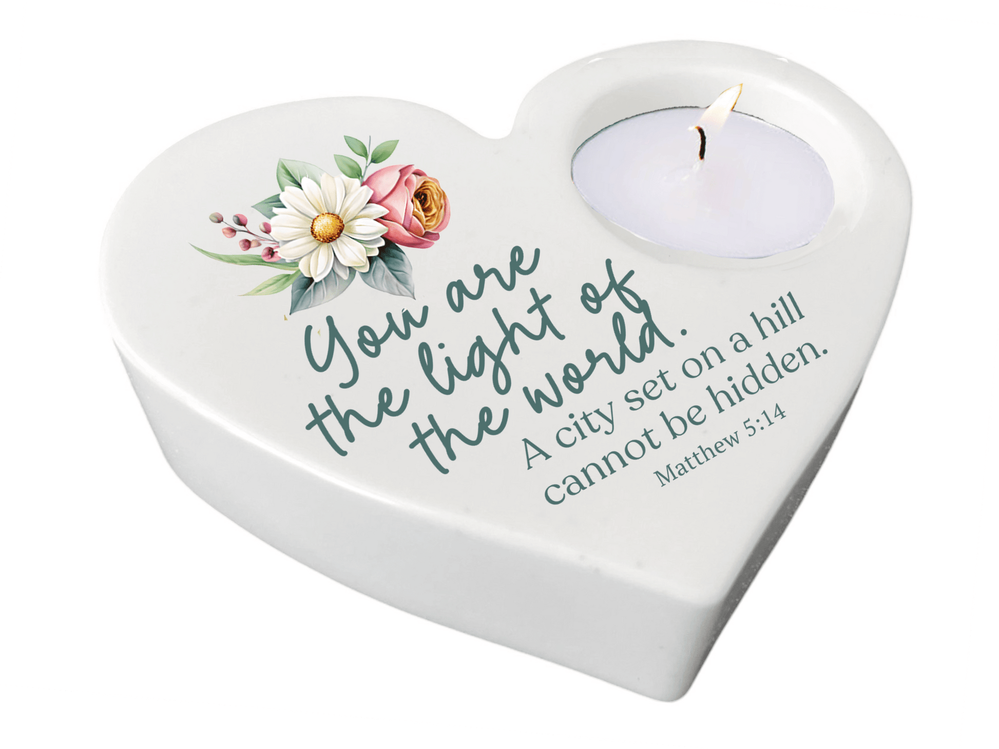 Light of World Bible Verse Heart Tea Light Candle Holder - Celebrate Prints