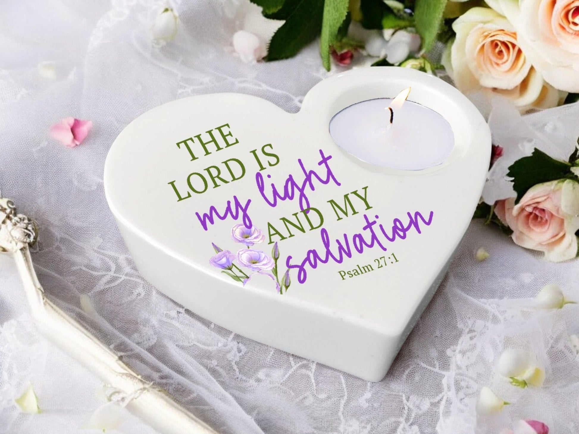 Light Salvation Bible Verse Heart Tea Light Candle Holder - Celebrate Prints