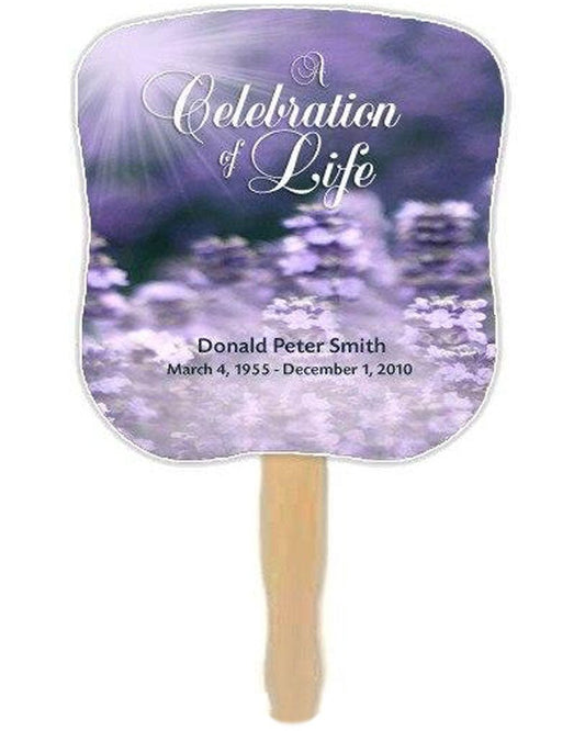 Lilac Memorial Fan With Wooden Handle (Pack Of 10) - Celebrate Prints
