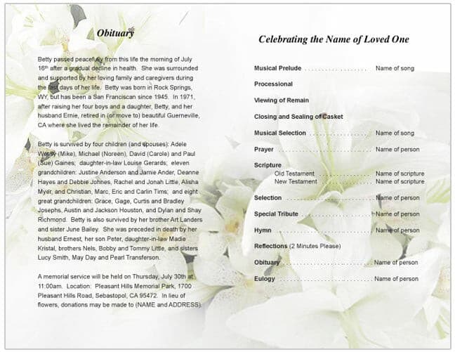 Lily Funeral Program Template - The Funeral Program Site