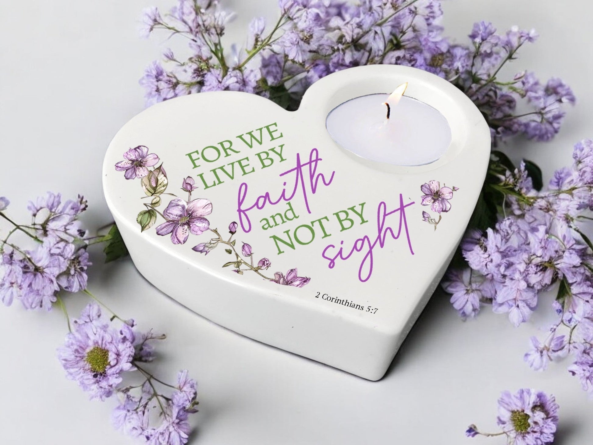 Live By Faith Bible Verse Heart Tea Light Candle Holder - Celebrate Prints