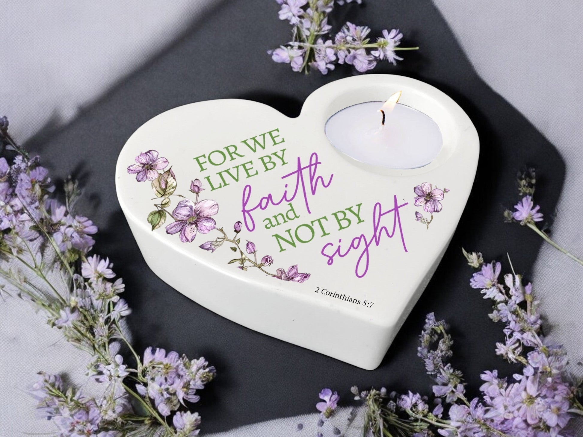 Live By Faith Bible Verse Heart Tea Light Candle Holder - Celebrate Prints