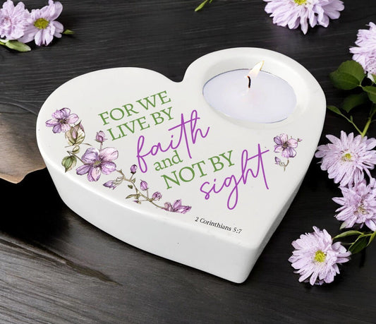 Live By Faith Bible Verse Heart Tea Light Candle Holder - Celebrate Prints