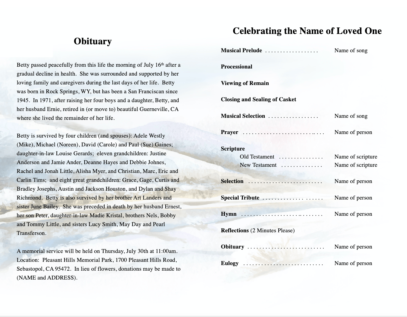 Lone Tree Funeral Program Template - The Funeral Program Site