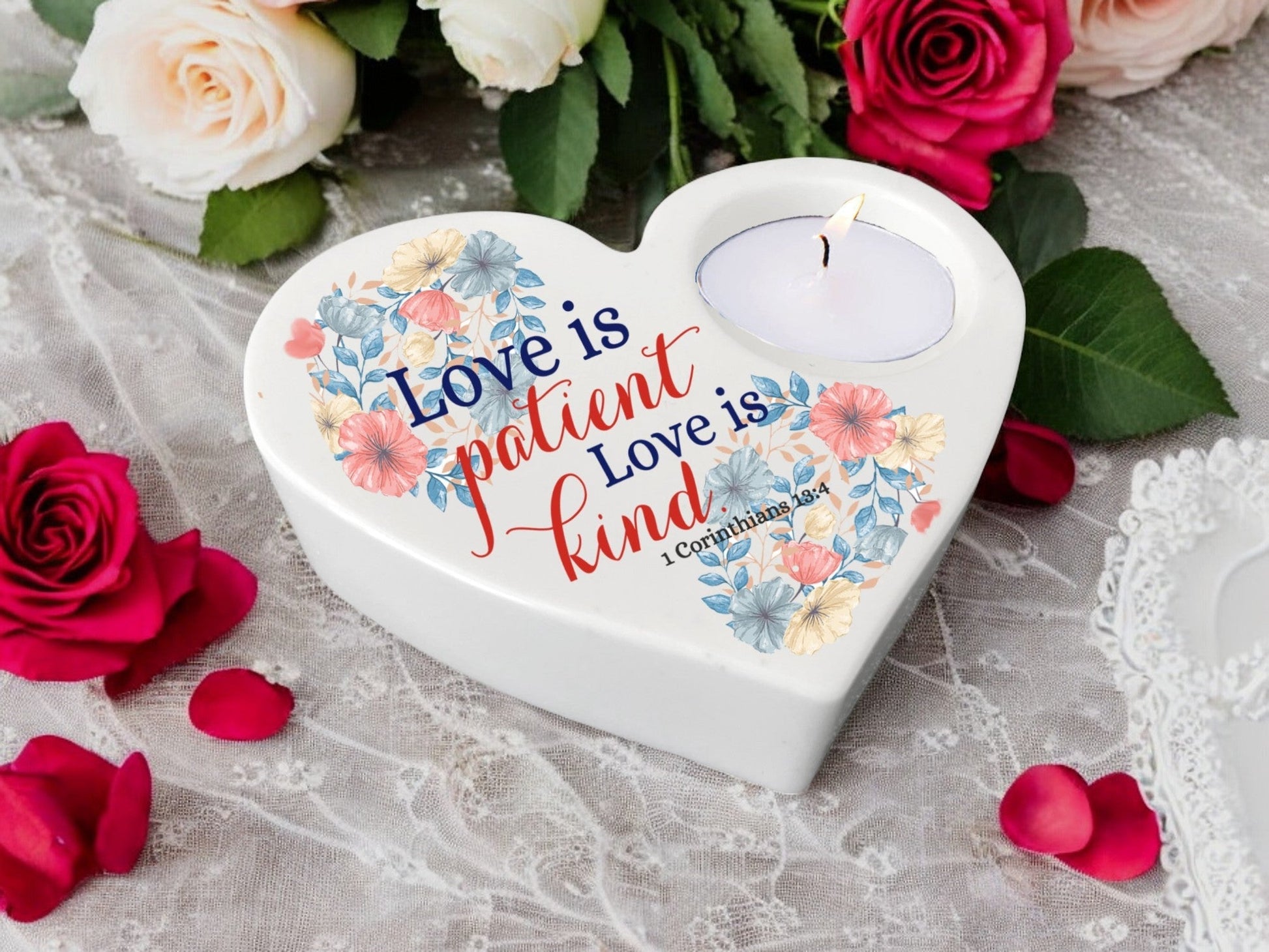 Love Is Patient Bible Verse Heart Tea Light Candle Holder - Celebrate Prints