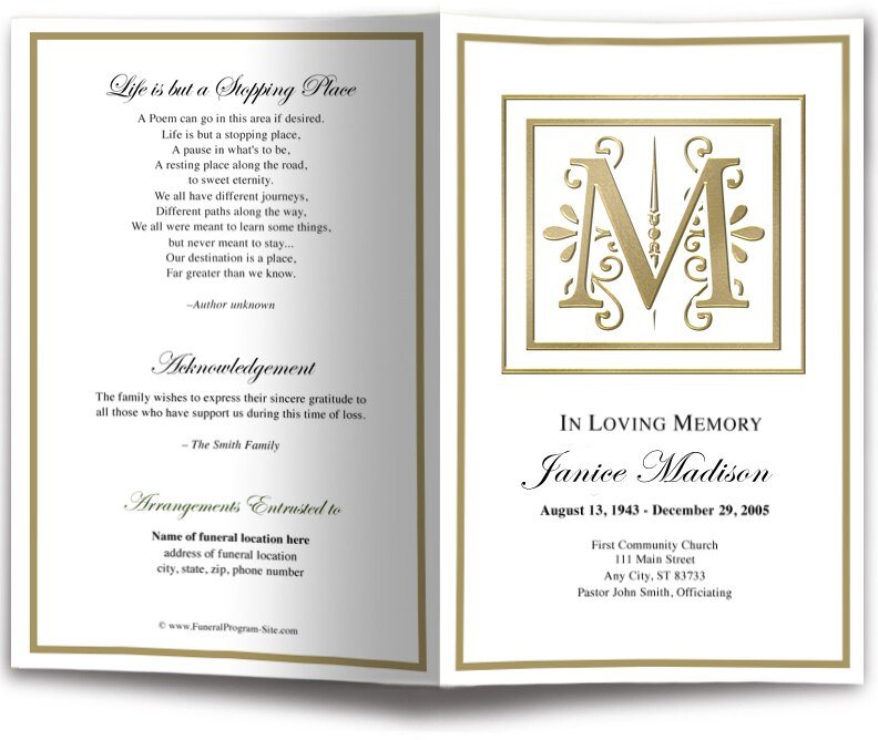 Monogram Gold Funeral Program Template - The Funeral Program Site