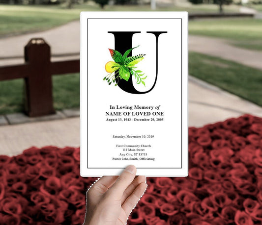 Monogram U Leaves Funeral Program Template - The Funeral Program Site
