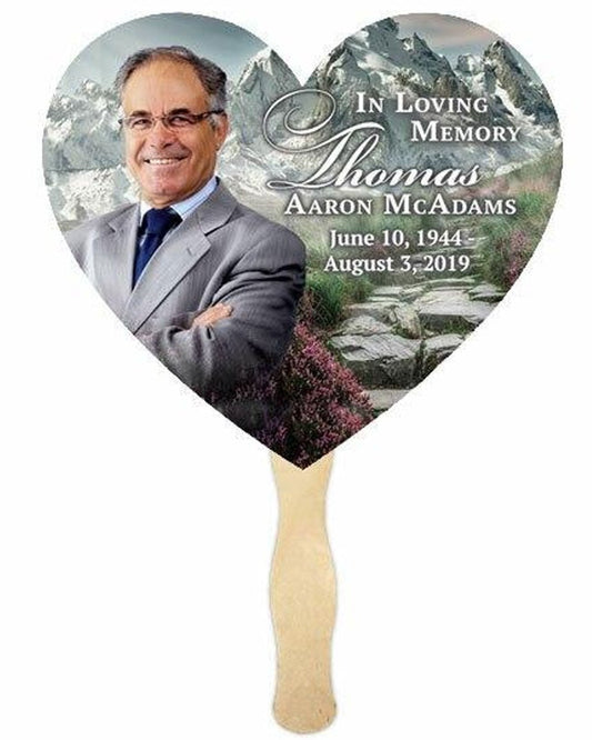 Mountain Heart Memorial Fan With Wooden Handle (Pack of 10) - Celebrate Prints