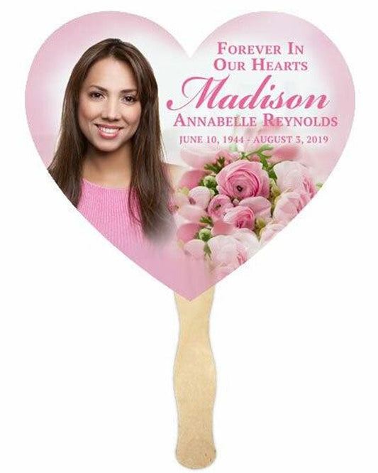 Pink Bouquet Heart Memorial Fan With Wooden Handle (Pack Of 10) - Celebrate Prints