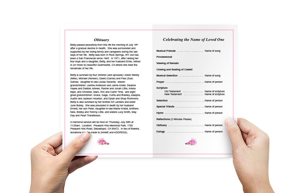 Pink Rose Funeral Program Template - The Funeral Program Site
