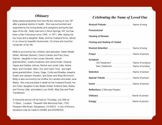 Ponsietta Funeral Program Template - The Funeral Program Site