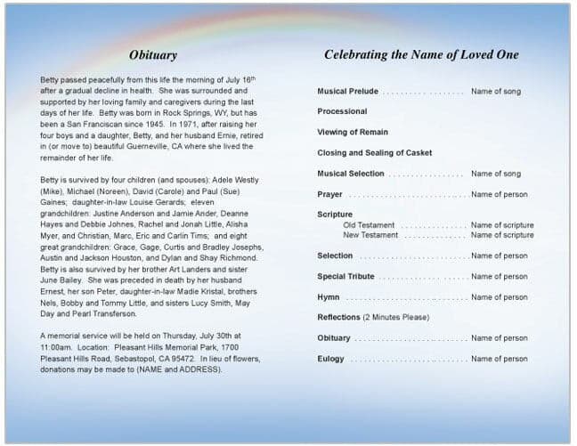 Rainbow Funeral Program Template - The Funeral Program Site