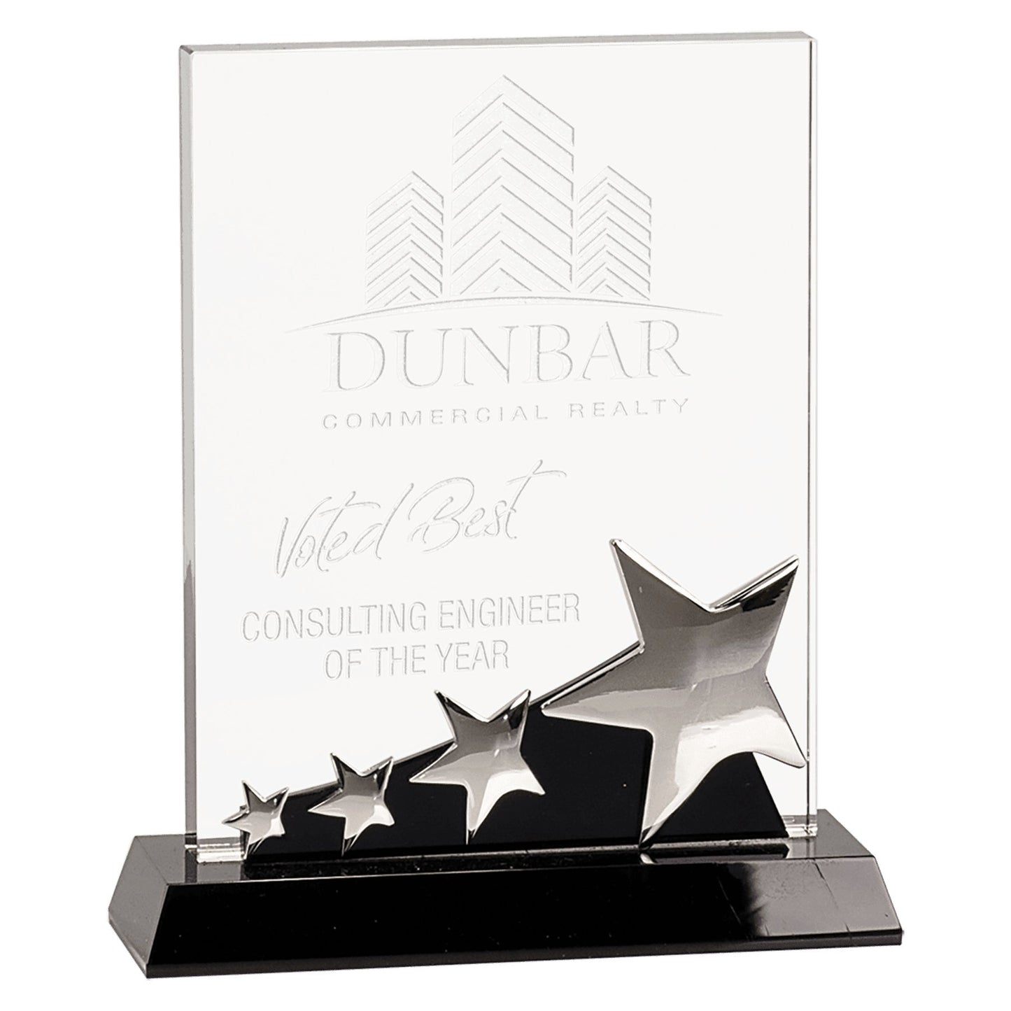 Rectangle Crystal with Silver Stars on Black Pedestal Base - Celebrate Prints