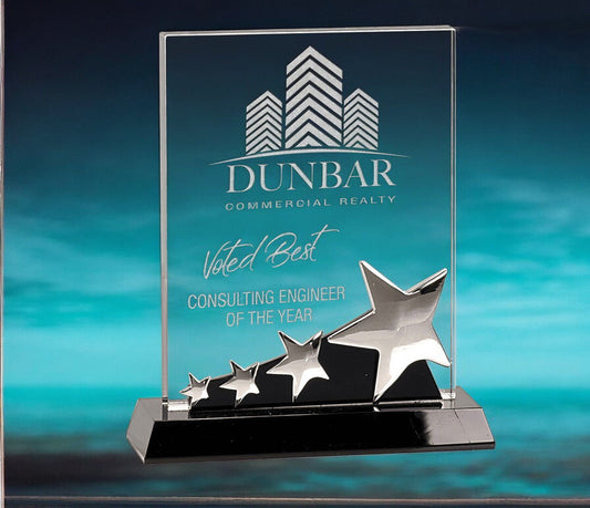 Rectangle Crystal with Silver Stars on Black Pedestal Base - Celebrate Prints