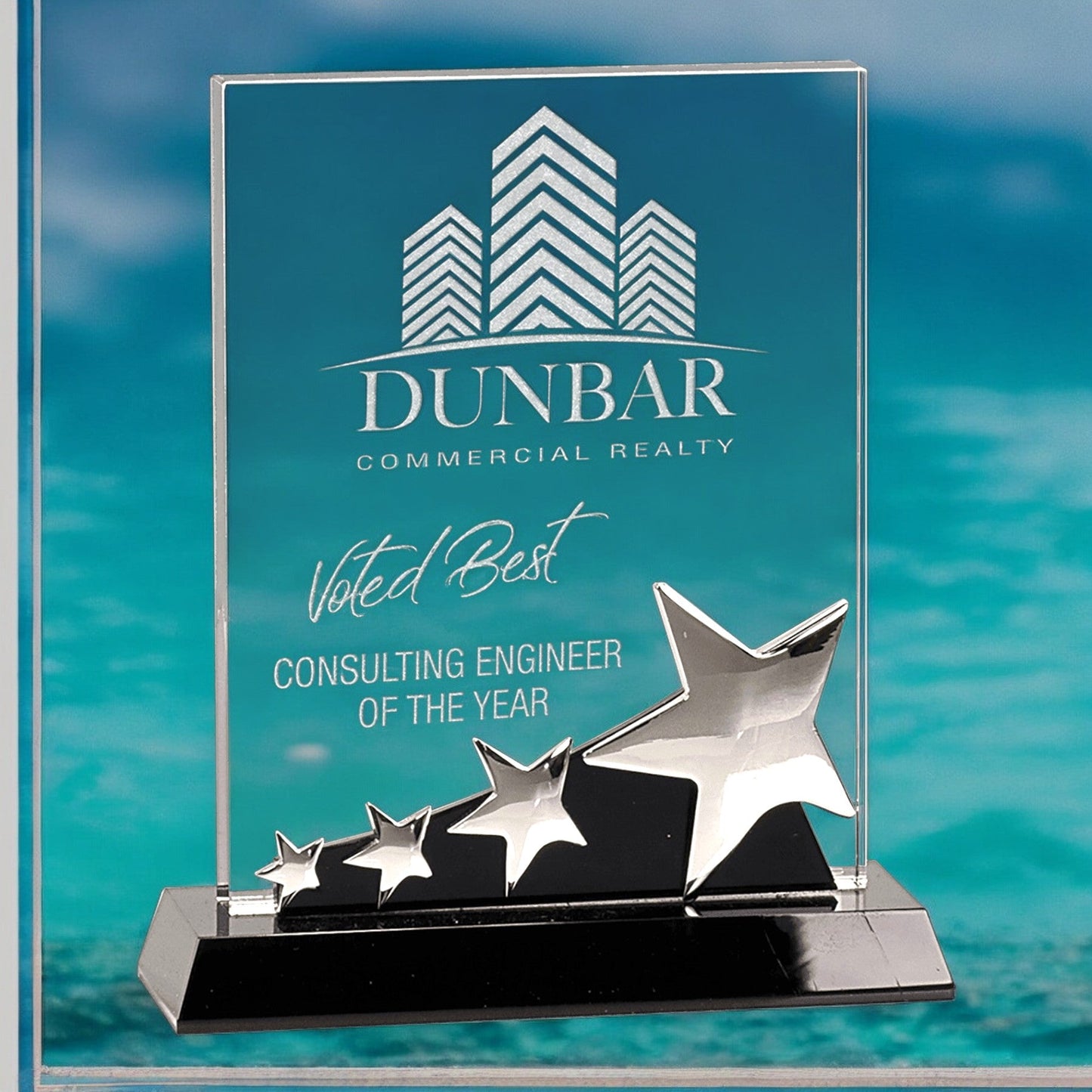 Rectangle Crystal with Silver Stars on Black Pedestal Base - Celebrate Prints