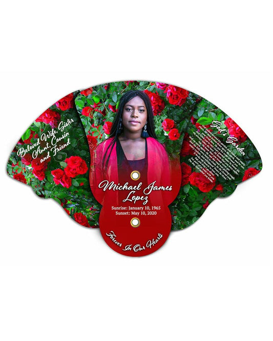 Red Roses Memorial Folding Hand Held Fan (Pack of 10) - Celebrate Prints