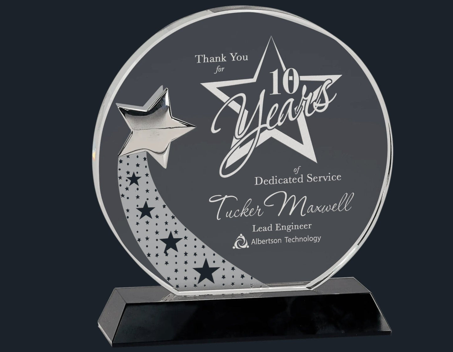 Round Crystal with Silver Star on Black Pedestal Base - Celebrate Prints